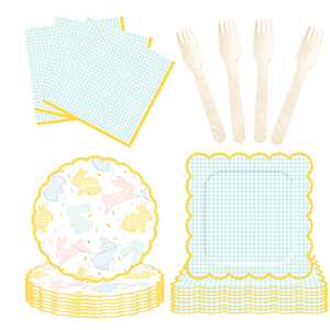 DAMAI Easter Party Theme Decor Bulk Wholesale Set Green Check Easter Rabbit Paper Plates Tablecloth Party Disposable Tableware - Product Image 3