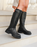Bottines marron mi-hautes à semelle crantée avec boucle et fermeture éclair latérale pour femme en similicuir