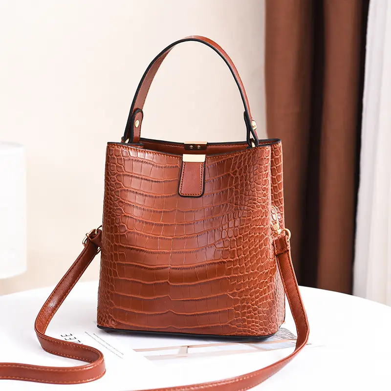 Custom Design Brown Pu Leather Ladies Crocodile Hand Bags Women Shoulder Bag Handbags