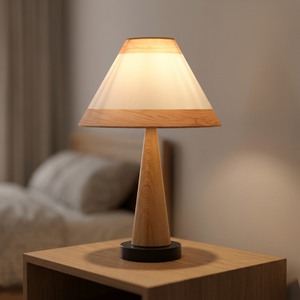 Lámpara de mesa moderna de madera con pantalla tipo pagoda E27 LED blanco cálido 2700K para dormitorio - Product Image 2