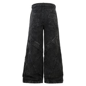 Jean en denim robuste pour homme, coupe droite ample à jambe large, délavé foncé, style industriel, automne-hiver - Product Image 2