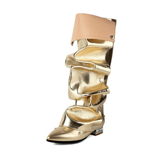 Kış ayakkabı özel artı boyutu 48 <span class=keywords><strong>Metal</strong></span> perçinler siyah pileli üst daireler kare topuklu geniş Fit kadınlar diz yüksek uzun çizmeler - Product Image 4