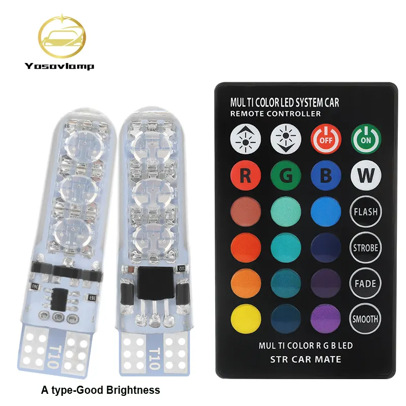 Yosovlamp t10 5050 6smd silicone 194 lâmpada led, rgb controle remoto de carro sem fio t10 rgb 16-cores mudança t10 rgb led luz de carro