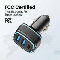 Chargeur de voiture 75W Triple PD 30W Type-C + 22.5W USB-A*2 avec anneau lumineux LED bleu glace, charge rapide et sûre, certifié FCC, OEM ODM