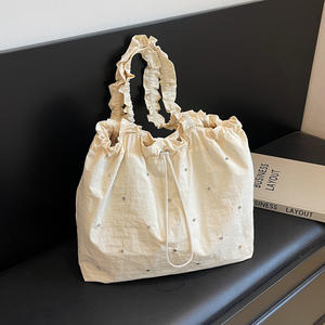 Sac fourre-tout bohème en toile fraîche pour femme, sac à bandoulière plissé uni d'été, pochette pour téléphone, style carré horizontal - Product Image 2