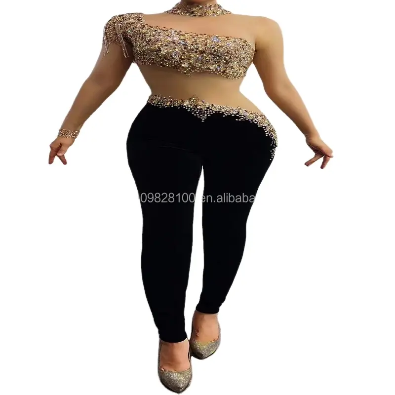 Nightclub guest women's song sexy rhinestone mesh velvet long one-piece adult stage costume female