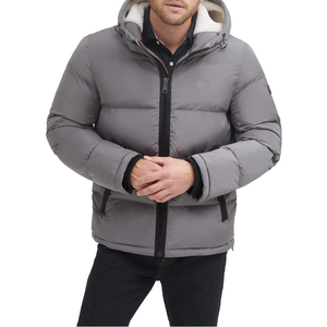 Veste matelassée à capuche grise pour homme, coupe-vent, vêtements d'extérieur décontractés pour l'hiver, coupe régulière, polyester / nylon, fermeture éclair - Product Image 1
