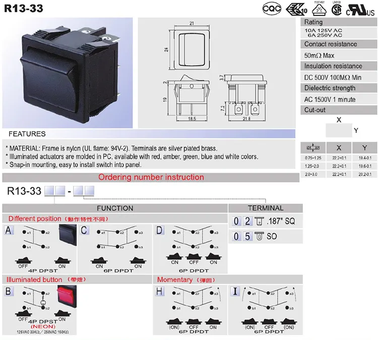 สวิตช์โยก R13-33 พร้อมสูงสุด แรงดันไฟฟ้า 250V สูงสุด กระแสไฟ 10A 6A-ประสิทธิภาพสูง!