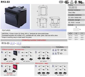 Interruttore a bilanciere R13-33 con Max. Voltaggio 250V Max. Corrente 10A 6A-High Performance!