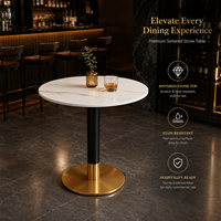 Table Ronde Commerciale en Pierre Frittée avec Piétement en Métal Noir et Doré, Mobilier de Restaurant Durable pour Café, Hôtel, Bistro