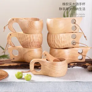 Ecofriendly Handmade Classic Nordic Style 220ml Wooden Coffee Cups Milk Tea Cup Portable Drinkware With Handle Kuksa Cup