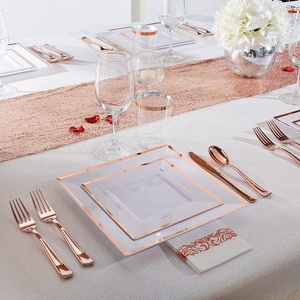 Assiettes à dîner de mariage jetables en plastique à bordure carrée blanche et or Rose, ensembles de fête en plastique argenté ensembles de couverts - Product Image 6