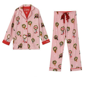 OEM <span class=keywords><strong>pigiama</strong></span> a due pezzi in raso di <span class=keywords><strong>cotone</strong></span> 100% personalizzato a manica lunga per <span class=keywords><strong>donna</strong></span> morbida levigatura indumenti da notte elasticizzati in vita - Product Image 1