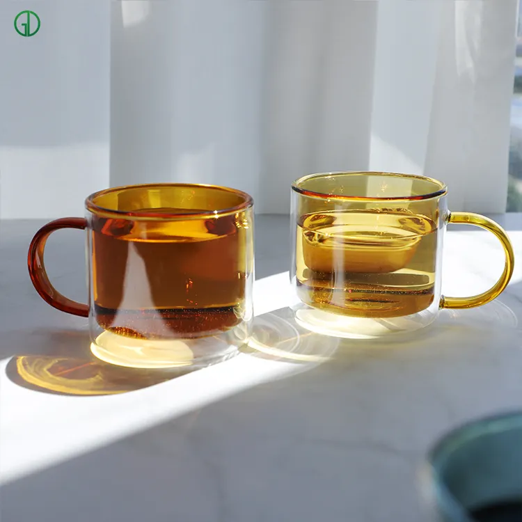 GD glass Haushalt Hitze beständig Doppel wand Mode Glas Kaffee Wasser Tasse Transparent Bernstein Kaffee Glas Tasse mit Griff