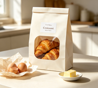 Sachet alimentaire imprimé à fond carré avec fermeture à huit côtés, fenêtre transparente et lien métallique, en papier kraft, pour pain de mie, croissants et pain