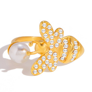 Bee <b>Ring</b> 18K Gold Plated Stainless Steel With Pearl And <b>Crystal</b> Insect Design For Women Jewelry Gift - Product Image 4