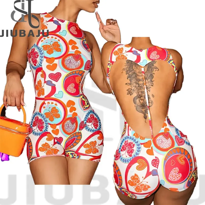 Sexy Bodycon Backless Heart Rompers Women Print Jumpsuits Summer Sporty Shorts One Piece Playsuits