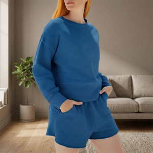 Conjunto de Sudadera de 2 Piezas para Mujer, Color Blanco, Cuello Redondo, Corte Regular, Estilo Casual, Color Sólido, Manga Larga, Pantalones Cortos, Todas las Temporadas, Impermeable - Product Image 1
