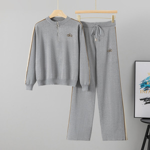 Completo sportivo casual da <span class=keywords><strong>donna</strong></span> 2025, nuovo modello transfrontaliero, con top a mezza zip a tinta unita e <span class=keywords><strong>pantaloni</strong></span> a gamba larga, set due pezzi in maglia per autunno inverno - Product Image 6