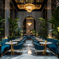 Meubles de restaurant de luxe modernes Ron Group, sièges de banquettes à dossier haut, table ronde en marbre, ensemble de chaises en velours personnalisées