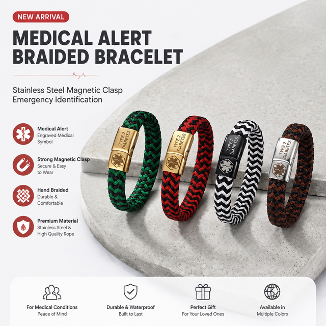 New Arrival Hand Braided Medical Alert Bracelet Stainless Steel Magnetic Buckle Emergency Warning Jewelry Bracelet