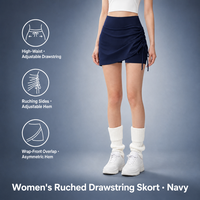 Jupe-short asymétrique froncée bleu marine pour femme, taille haute, avec cordon de serrage, toucher doux, short intégré, Trading House