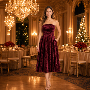 Abito Donna Vintage Elegante Romantico <span class=keywords><strong>Midi</strong></span> Svasato a Spalle Scoperte in <span class=keywords><strong>Velluto</strong></span> Goffrato Opaco 240G Senza Spalline con Pieghe Personalizzabile - Product Image 6