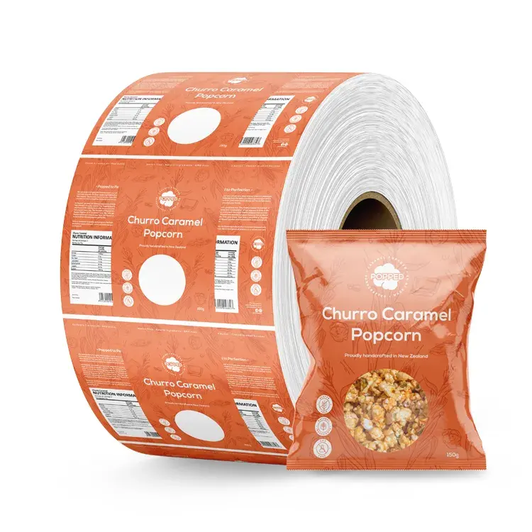 स्वचालित पैकिंग के लिए कस्टम प्रिंट प्लास्टिक फ़ॉइल लैमिनेटेड हीट सील करने योग्य लचीली खाद्य पैकेजिंग सामग्री रोल स्टॉक फिल्म