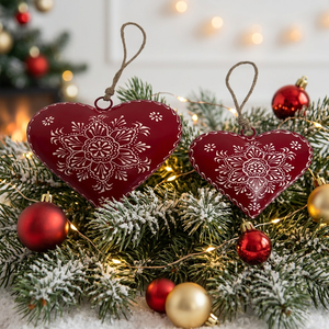 Ornements de Noël en métal rouge en forme de cœur avec motif floral blanc, décoration suspendue pour arbre de Noël - Product Image 1