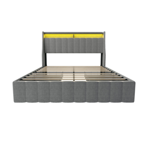 Full <b>Size</b> Modern Soft <b>Bed</b> Frame LED 4 Under-<b>bed</b> Portable Storage Drawers Wings Headboard Design Light Grey Apartment-Friendly - Product Image 6