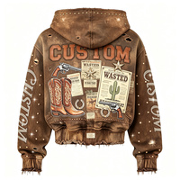 Vente en gros OEM Vêtements Streetwear : Sweat à capuche Western Oversize Effet vieilli avec motifs Cowboy, Cactus et Strass