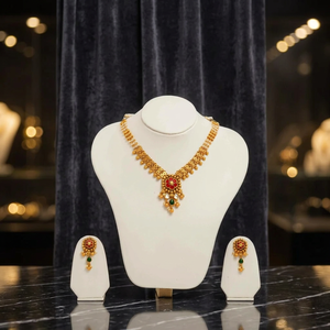 Elegant Gold <b>Necklace</b> Set Traditional Floral Round Pendant <b>Necklace</b> Inlaid <b>Ruby</b> Red Stones Wedding Party Jewelry - Product Image 1