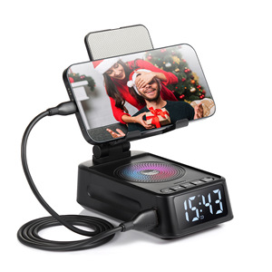 F20 Phone Stand <b>Bluetooth</b> Speaker Clock With Touch Control <b>USB</b> Power Black 3 In 1 Smart Home Device - Product Image 2