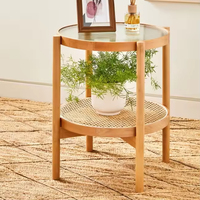 Meubles de salon modernes, table basse ronde en bambou avec plateau en verre, table d'appoint