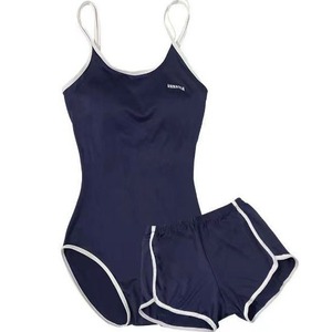 Traje de baño de una pieza para mujer, conjunto de 2 piezas azul marino, cuello redondo, color sólido, ribete en contraste para natación y deportes acuáticos - Product Image 5