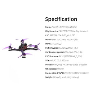 โดรนแข่ง FPV <span class=keywords><strong>HGLRC</strong></span> Wind5 Lite V2 ขนาด 5 นิ้ว แบบ BNF ระบบ ELRS 2.4G 6S ระยะฐานล้อ 195 มม. พร้อม SPECTER <span class=keywords><strong>F722</strong></span> Lite 350mW VTX โครงคาร์บอนไฟเบอร์ - Product Image 6