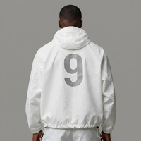 Veste imperméable pour homme à manches raglan blanches, personnalisée, à double couche, avec impression sérigraphique, à capuche et cordon de serrage, pour le sport en plein air