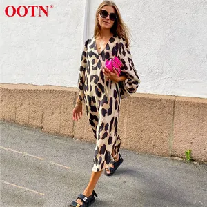 OOTN Loose Elegant Party Dress Casual Fashion Women Lantern Long sleeves Dress Autumn New Sexy Leopard Print V Neck Long Dresses
