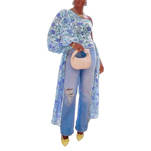 เสื้อยืดแฟชั่นผู้หญิงพิมพ์ลายดอกไม้ แขนระบายข้างเดียวผูกโบว์ - Product Image 4