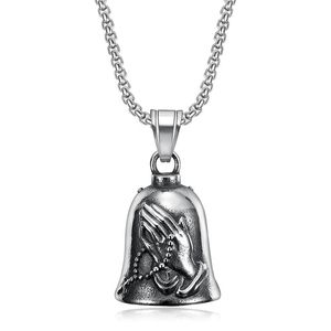 Tibetan Silver Bell Pendant <b>With</b> Prayer Hands <b>Cross</b> Design Unisex Necklace For Motorcycle Riding Lucky Exorcism Charm - Product Image 5