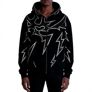 Sudadera con capucha negra para hombre con cremallera, estampado de rayo brillante, estilo urbano, corte regular, felpa francesa, 100% poliéster, con cremallera para otoño - Product Image 6