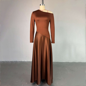 Manches longues femmes col oblique fuites épaule Patchwork irrégulière longues robes mode fête robe trapèze - Product Image 4