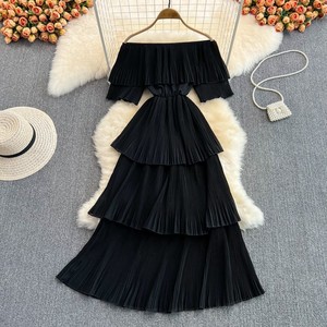 Vendita calda a buon mercato nuovo elegante vestito da donna dolce con gonna a spalla in tinta unita con volant abito lungo da spiaggia per le vacanze - Product Image 2