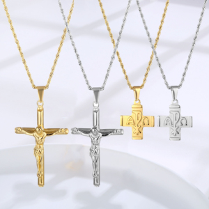 Kalung liontin salib Yesus rantai baja tahan karat berlapis emas Katolik Kristen perhiasan modis kreatif baru 2024