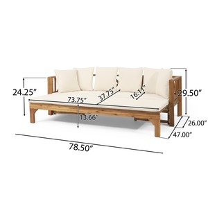 Canapé convertible 3 places extensible en bois d'acacia pour extérieur, avec coussins beiges, finition teck moderne, chaise longue de jardin - Product Image 6