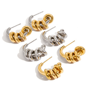 Boucles d'oreilles créoles en acier inoxydable couleur or, design géométrique en forme de C, multi-anneaux, bijoux tendance - Product Image 4