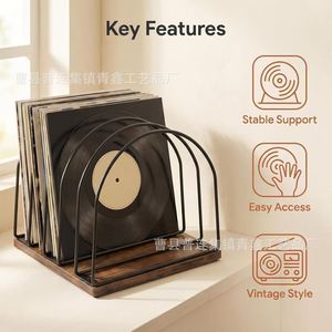 Organizador de escritorio de madera y hierro para discos de vinilo, almacenamiento de CD y DVD - Product Image 3