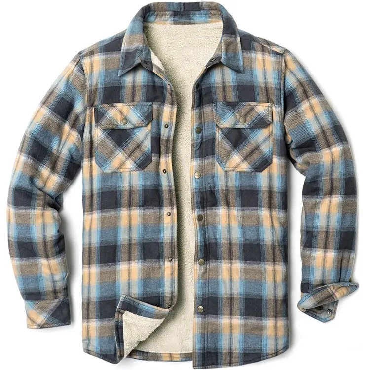 Custom Logo Men's Sherpa Fleece Lined Flannel Jacket Shirt for Men Warm Brushed Plaid Shirt jackets