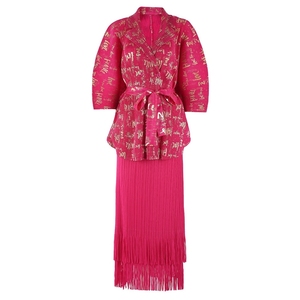 Women's African-inspired Pleated Print <b>Blazer</b>-collar Top Stamped Lettering Paired Tassel Skirt 2-piece <b>Set</b> Fashion - Product Image 5