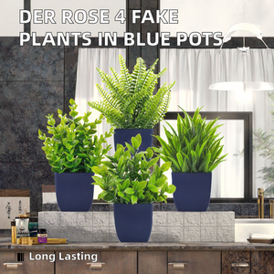 Lot de 4 plantes artificielles d'<span class=keywords><strong>eucalyptus</strong></span> durables Der Rose, petites jardinières bleues, décoration intérieure pour salle de bain et salon - Product Image 2